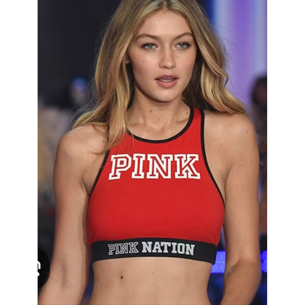 NWT PINK Victoria's Secret Logo Crop Top Sports Bra Red Black Size S